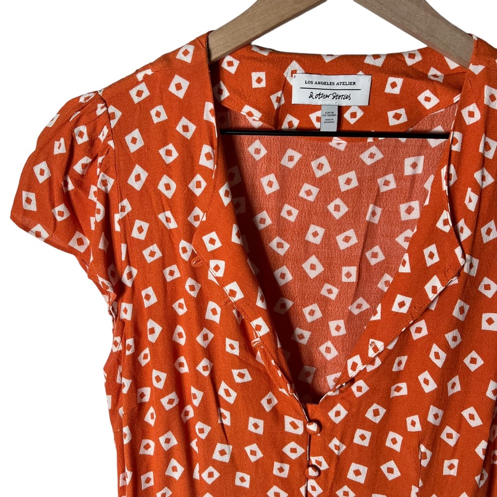 & Other Stories Print Puff Sleeve Dress Orange Geometric Square - Picture 3 of 12